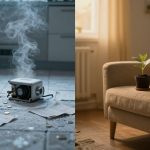 A split image: Left shows a kitchen floor with scattered coins, papers, and a steaming broken heater. A person's socked feet are visible. Right shows a cozy living room with a small plant on a beige armchair near a window.