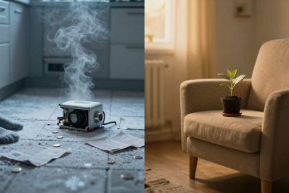A split image: Left shows a kitchen floor with scattered coins, papers, and a steaming broken heater. A person's socked feet are visible. Right shows a cozy living room with a small plant on a beige armchair near a window.