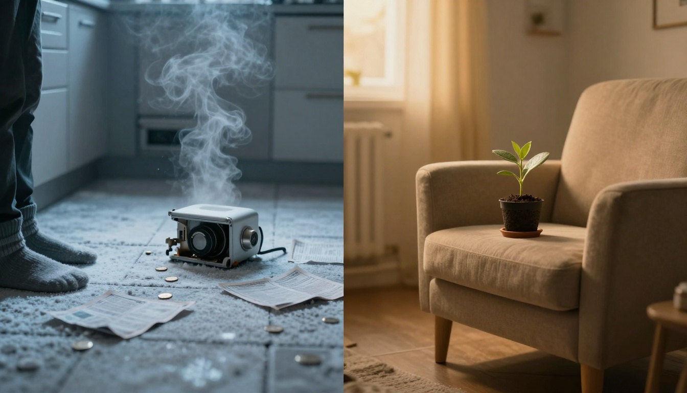 A split image: Left shows a kitchen floor with scattered coins, papers, and a steaming broken heater. A person's socked feet are visible. Right shows a cozy living room with a small plant on a beige armchair near a window.