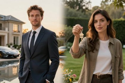 A man in a suit stands in front of a luxury house with a sports car nearby. A woman holds a house-shaped key, smiling in a garden setting.