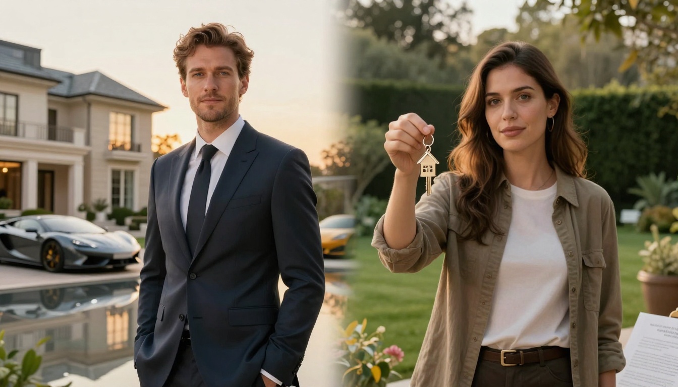 A man in a suit stands in front of a luxury house with a sports car nearby. A woman holds a house-shaped key, smiling in a garden setting.