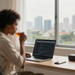 A person with curly hair sits at a desk, drinking tea while looking at code on a laptop. A router and smartphone are on the table. A window shows a cityscape in the background.
