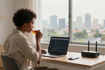 A person with curly hair sits at a desk, drinking tea while looking at code on a laptop. A router and smartphone are on the table. A window shows a cityscape in the background.