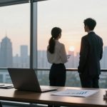 Two people in business attire stand in a modern office, gazing out at a city skyline during sunset. A desk in the foreground has a laptop, papers, and a small house model.