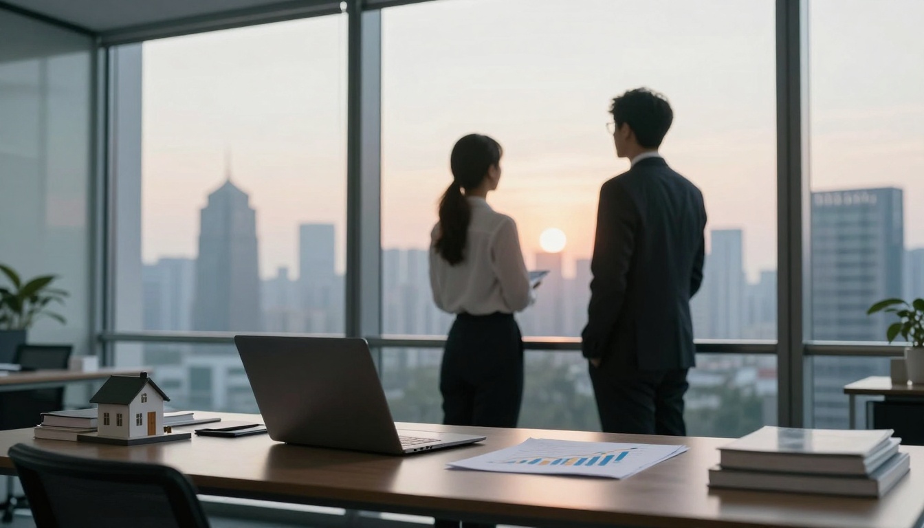 Two people in business attire stand in a modern office, gazing out at a city skyline during sunset. A desk in the foreground has a laptop, papers, and a small house model.