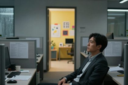 A man in a suit sits pensively in an office cubicle, surrounded by paperwork and a computer. The background shows a yellow-walled office with colorful art.