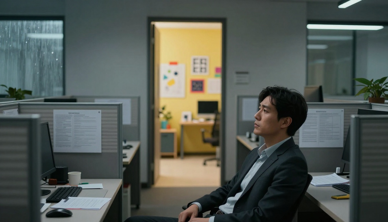 A man in a suit sits pensively in an office cubicle, surrounded by paperwork and a computer. The background shows a yellow-walled office with colorful art.