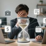 A man in a suit sits at a desk with two laptops, holding his head in frustration. In front of him is an hourglass, surrounded by digital icons of a briefcase, envelope, checklist, dollar sign, and calendar, symbolizing time management and stress.