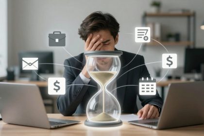 A man in a suit sits at a desk with two laptops, holding his head in frustration. In front of him is an hourglass, surrounded by digital icons of a briefcase, envelope, checklist, dollar sign, and calendar, symbolizing time management and stress.