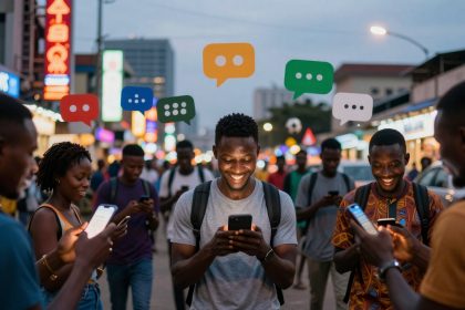 A group of people stand on a bustling street at dusk, looking at their smartphones. Colorful speech bubbles float above their heads, indicating digital communication. Neon signs and lights illuminate the background, creating a lively urban atmosphere.