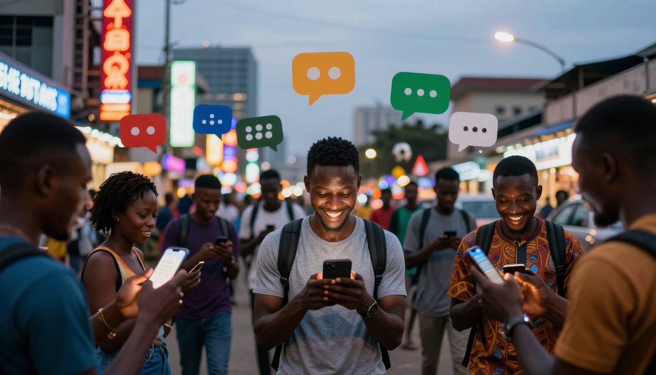 A group of people stand on a bustling street at dusk, looking at their smartphones. Colorful speech bubbles float above their heads, indicating digital communication. Neon signs and lights illuminate the background, creating a lively urban atmosphere.