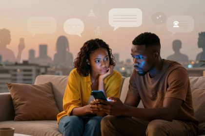 A couple sits on a couch, focused on a smartphone. The woman in a yellow shirt looks on, while the man in a brown shirt holds the phone. Speech bubbles and silhouettes of people using devices are visible in the background, suggesting a social media or communication theme. The setting is a modern living room with cityscape views.