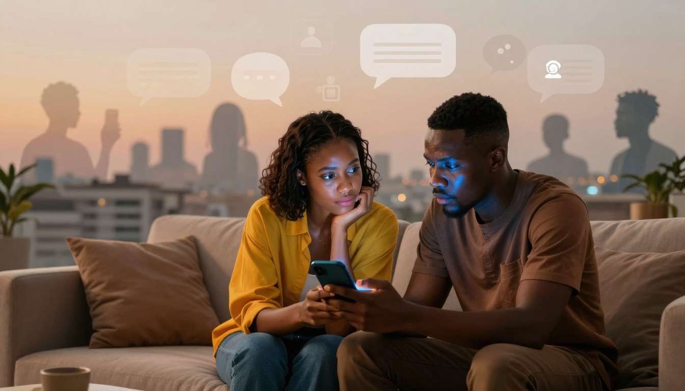 A couple sits on a couch, focused on a smartphone. The woman in a yellow shirt looks on, while the man in a brown shirt holds the phone. Speech bubbles and silhouettes of people using devices are visible in the background, suggesting a social media or communication theme. The setting is a modern living room with cityscape views.