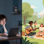 Left side: Person with short hair working on a laptop at night, surrounded by papers and a coffee mug. Right side: Illustration of people having a picnic in a park; one plays guitar, others sit on a blanket with food, trees in the background.