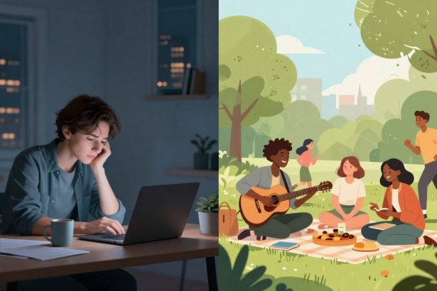 Left side: Person with short hair working on a laptop at night, surrounded by papers and a coffee mug. Right side: Illustration of people having a picnic in a park; one plays guitar, others sit on a blanket with food, trees in the background.