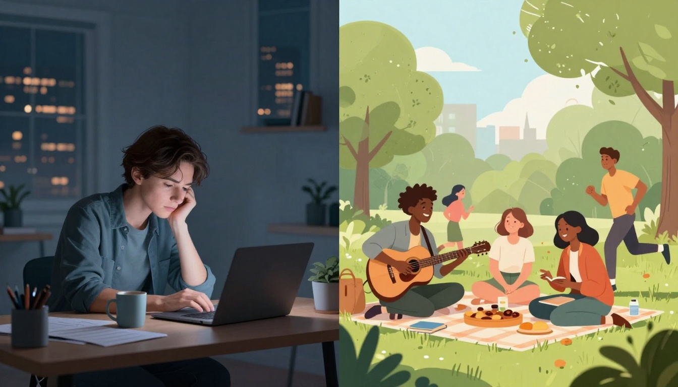 Left side: Person with short hair working on a laptop at night, surrounded by papers and a coffee mug. Right side: Illustration of people having a picnic in a park; one plays guitar, others sit on a blanket with food, trees in the background.