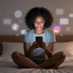A woman with curly hair sits cross-legged on a bed, holding a smartphone. Social media icons, like TikTok and Instagram, float around her. The room is softly lit with a lamp and a plant visible.