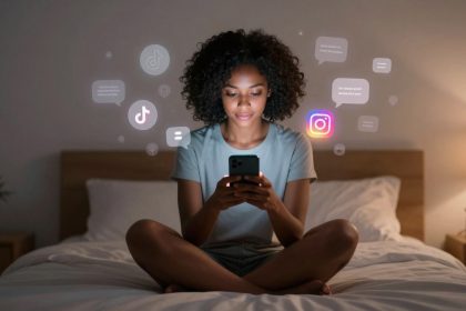 A woman with curly hair sits cross-legged on a bed, holding a smartphone. Social media icons, like TikTok and Instagram, float around her. The room is softly lit with a lamp and a plant visible.