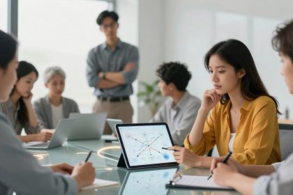 A group of six people in a meeting room, focusing on a tablet displaying a flowchart. One person in a yellow shirt is deep in thought, others are taking notes. The setting is bright with a modern conference table.