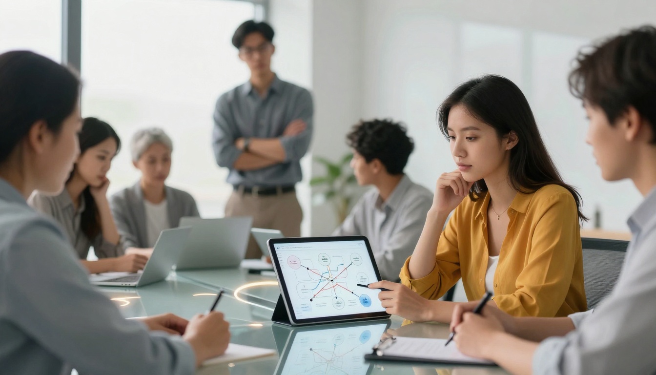 A group of six people in a meeting room, focusing on a tablet displaying a flowchart. One person in a yellow shirt is deep in thought, others are taking notes. The setting is bright with a modern conference table.