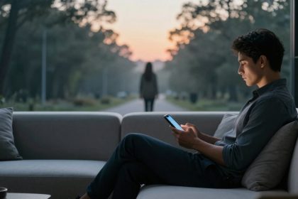 A man sits on a couch indoors, focused on his smartphone. A silhouetted figure stands outside at dusk, with trees lining the road.