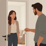 A woman stands at an open door, looking surprised at a man who is handing her a set of keys. The room is softly lit with neutral colors.