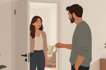 A woman stands at an open door, looking surprised at a man who is handing her a set of keys. The room is softly lit with neutral colors.