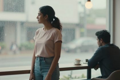 A woman in a pink t-shirt and jeans stands by a café window on a rainy day, looking outside. A man is seated at the counter with a cup of coffee.