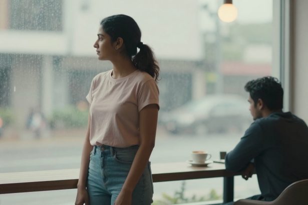 A woman in a pink t-shirt and jeans stands by a café window on a rainy day, looking outside. A man is seated at the counter with a cup of coffee.