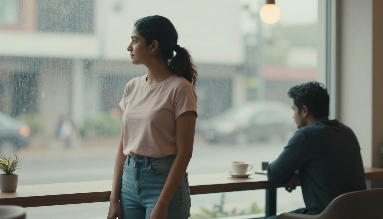 A woman in a pink t-shirt and jeans stands by a café window on a rainy day, looking outside. A man is seated at the counter with a cup of coffee.