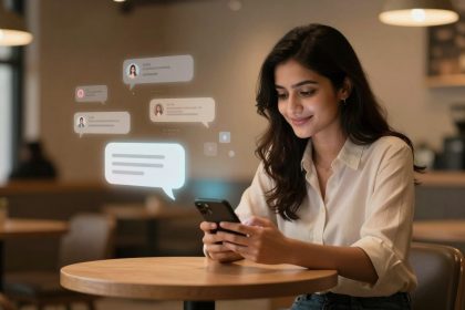 A woman in a white blouse is sitting at a wooden table in a cafe, smiling while using her smartphone. Digital chat bubbles are displayed above the phone, indicating messaging. The background is softly lit with blurred cafe decor.
