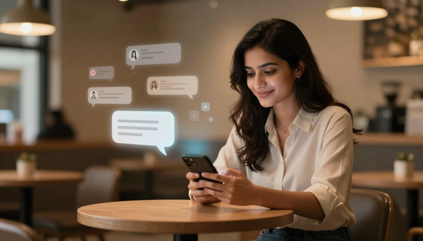 A woman in a white blouse is sitting at a wooden table in a cafe, smiling while using her smartphone. Digital chat bubbles are displayed above the phone, indicating messaging. The background is softly lit with blurred cafe decor.