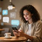 A woman with curly hair sits in a café, smiling at her phone. Digital chat bubbles appear above the device. A coffee cup is on the table.