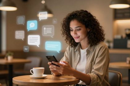 A woman with curly hair sits in a café, smiling at her phone. Digital chat bubbles appear above the device. A coffee cup is on the table.