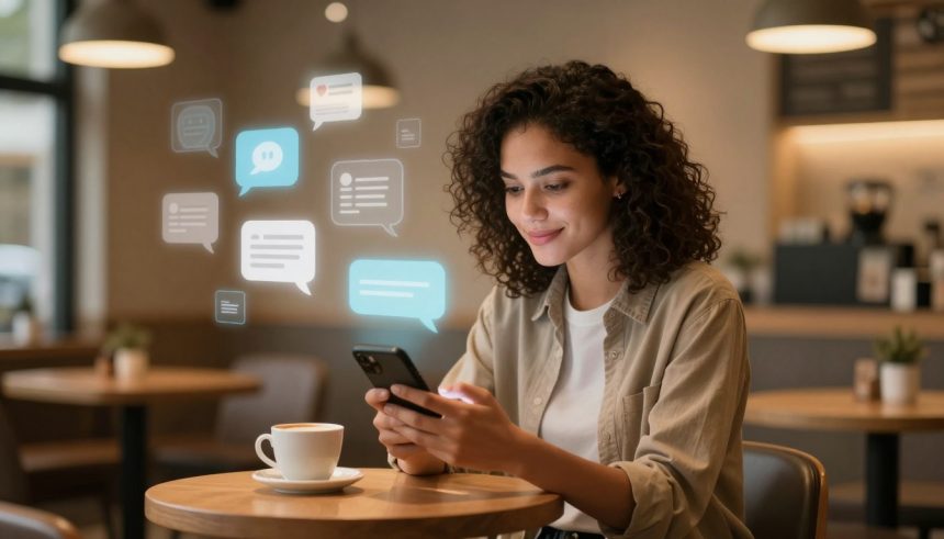 A woman with curly hair sits in a café, smiling at her phone. Digital chat bubbles appear above the device. A coffee cup is on the table.