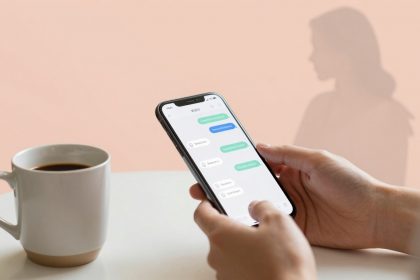 Hands holding a smartphone displaying a chat app, with messages in blue and green bubbles. A white mug filled with coffee sits on a table. A blurred silhouette of a person is in the background against a peach wall.