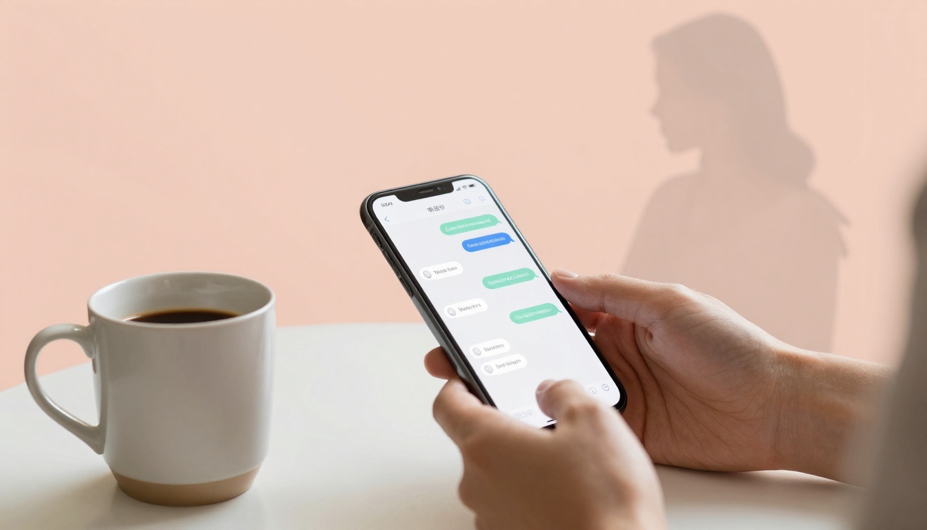 Hands holding a smartphone displaying a chat app, with messages in blue and green bubbles. A white mug filled with coffee sits on a table. A blurred silhouette of a person is in the background against a peach wall.