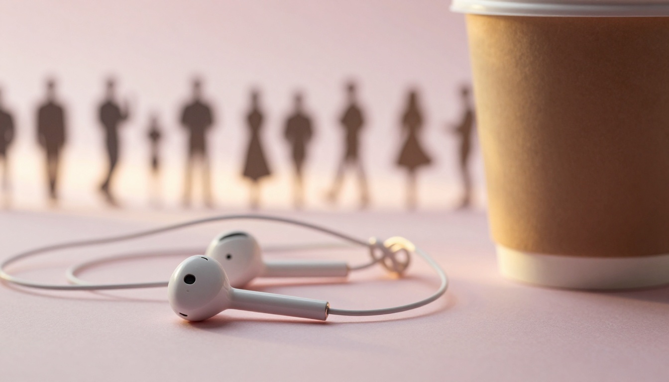 White earphones on a pink surface next to a brown paper cup. Blurred silhouettes of people are visible in the background.