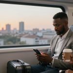 A man and woman sit on a train with cityscape views at sunset. The man is looking at his phone, and the woman holds a coffee cup. A suitcase is beside them.