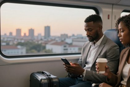 A man and woman sit on a train with cityscape views at sunset. The man is looking at his phone, and the woman holds a coffee cup. A suitcase is beside them.