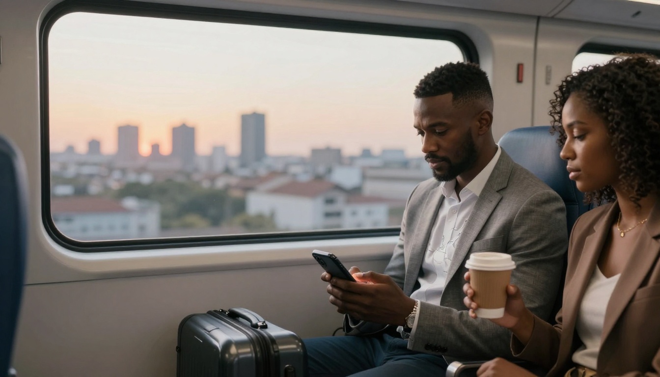 A man and woman sit on a train with cityscape views at sunset. The man is looking at his phone, and the woman holds a coffee cup. A suitcase is beside them.