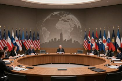 A group of people in formal attire sit around a circular conference table with documents. Behind them are multiple flags and a wall with a world map and city skyline.