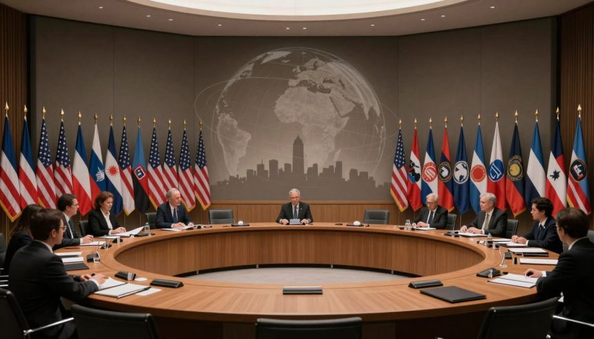A group of people in formal attire sit around a circular conference table with documents. Behind them are multiple flags and a wall with a world map and city skyline.