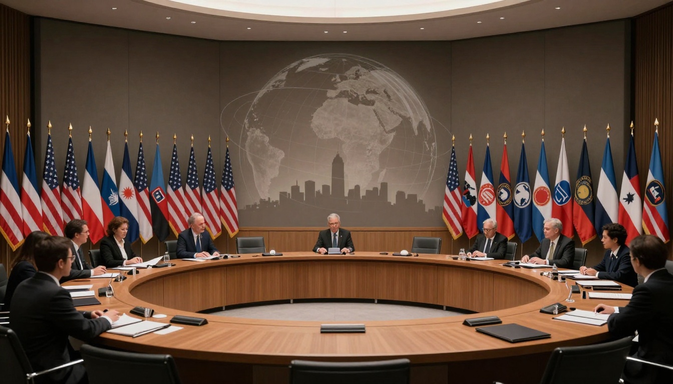 A group of people in formal attire sit around a circular conference table with documents. Behind them are multiple flags and a wall with a world map and city skyline.