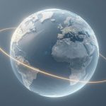 A digital representation of Earth viewed from space, showing continents in gray and white. A glowing orange ring orbits the planet.