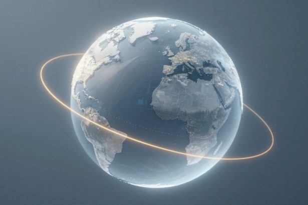 A digital representation of Earth viewed from space, showing continents in gray and white. A glowing orange ring orbits the planet.