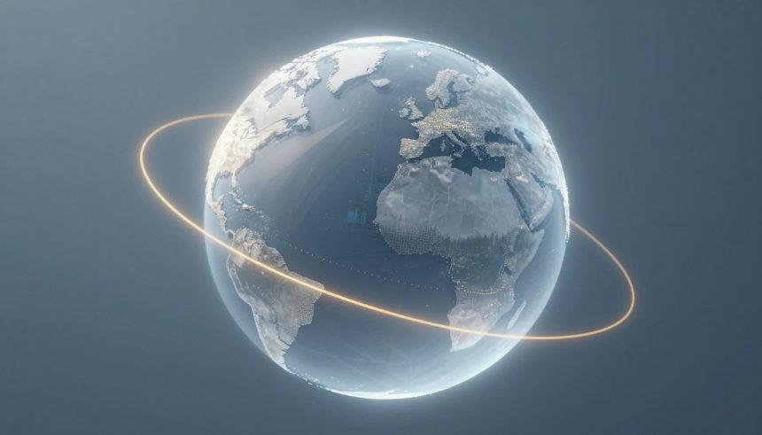 A digital representation of Earth viewed from space, showing continents in gray and white. A glowing orange ring orbits the planet.