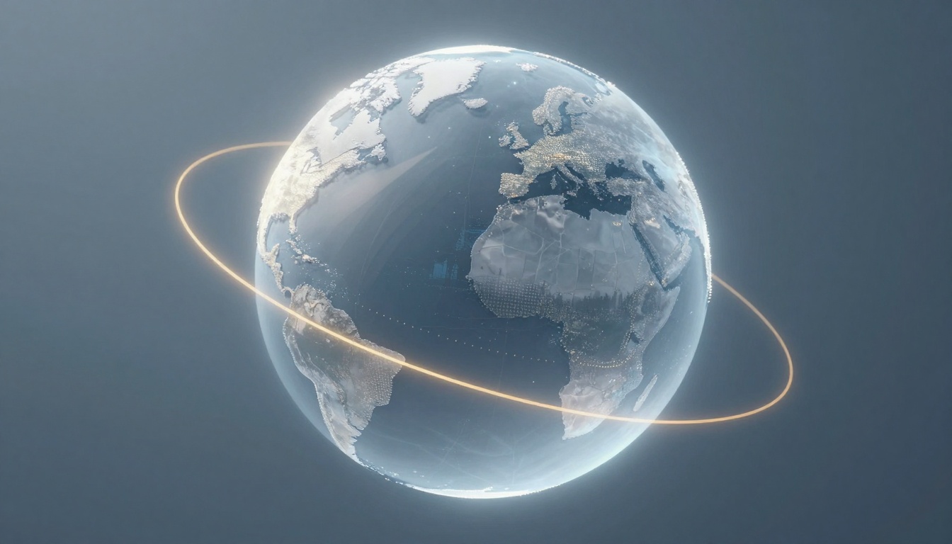 A digital representation of Earth viewed from space, showing continents in gray and white. A glowing orange ring orbits the planet.