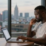 A man in a gray t-shirt sits at a table using a laptop, with a thoughtful expression. Behind him, a cityscape is visible through a large window, showing tall buildings and dimly lit streetlights. A small potted plant is on the table.