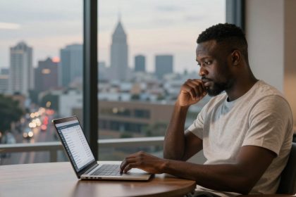 A man in a gray t-shirt sits at a table using a laptop, with a thoughtful expression. Behind him, a cityscape is visible through a large window, showing tall buildings and dimly lit streetlights. A small potted plant is on the table.